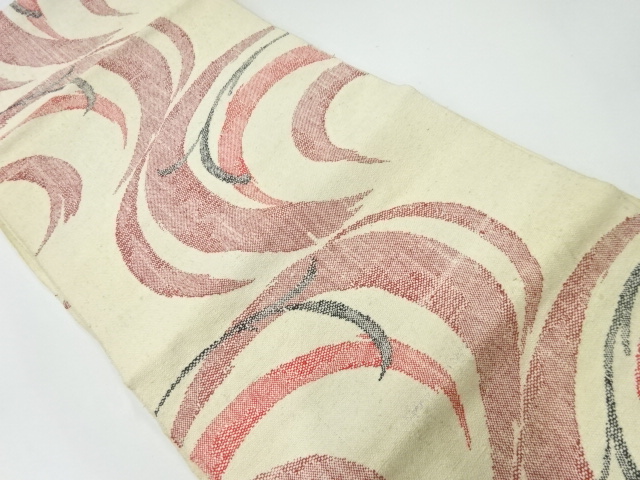 アンティーク　手織り真綿紬唐草模様織出し名古屋帯